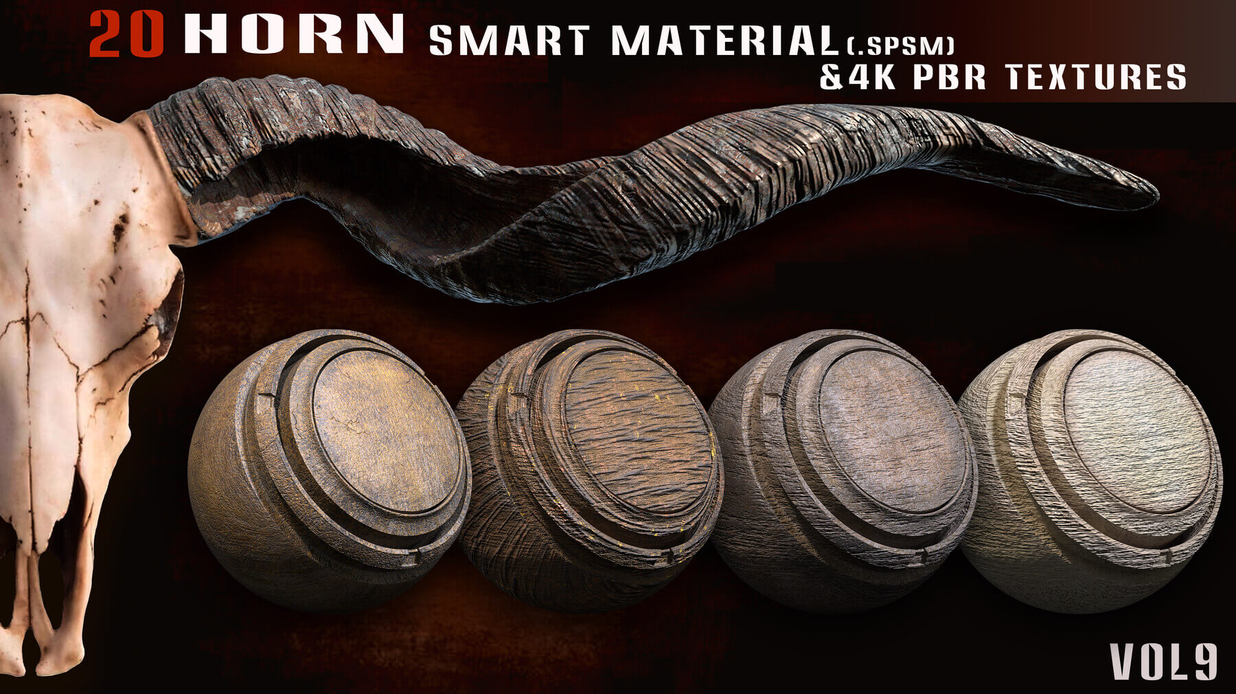 Substance Painter20组羊角牛角鹿角号角骨骼骨头头骨SP智能材质球PBR