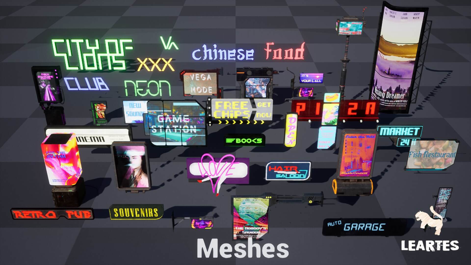 【UE4/5】赛博朋克广告牌标志套装 – Cyberpunk Billboards Signs Set ( 35 Unique Pieces )